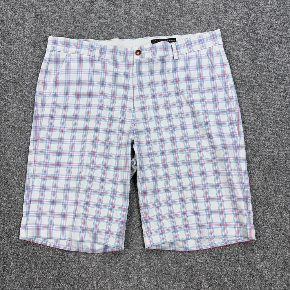 Greg Norman Shorts Mens 34 White Plaid Golf Performance Stretch 10 Inseam Casual